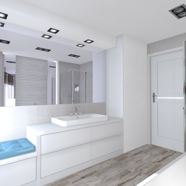 Projekt i aranżacja zabudowy w łazience - siedzisko (wersja w błękicie i bieli)