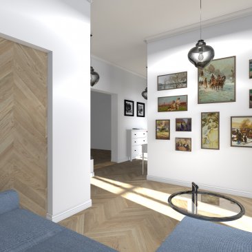 Aranżacja wnętrza - biały korytarz z galerią zdjęć i drewnianą podłogą