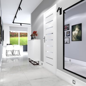 Projekt i aranżacja korytarza w skandynawskich szarościach i bieli