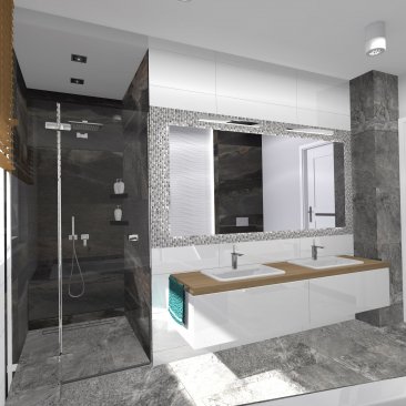 Szkło, drewno, naturalny kamień, cyrkonie - aranżacja łazienki