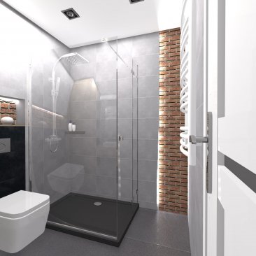 Projekt łazienki: drewno, płytki i cegła na ścianie