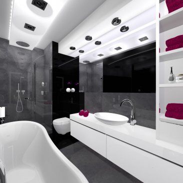 Projekt i aranżacja łazienki bez okna - ciemne płytki