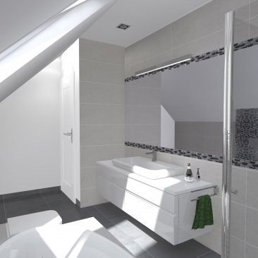 Mozaika w małej łazience na poddaszu - projekt