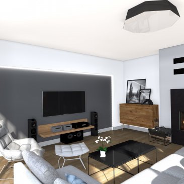 Salon z nowoczesnym kominkiem - wnętrza