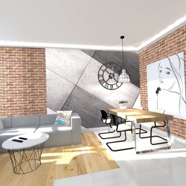 Cegła na ścianie w salonie - projekt wnętrza