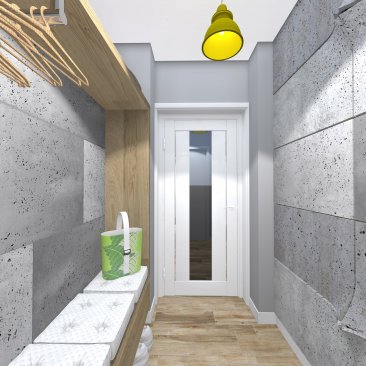 Beton architektoniczny na ścianach w małym przedpokoju